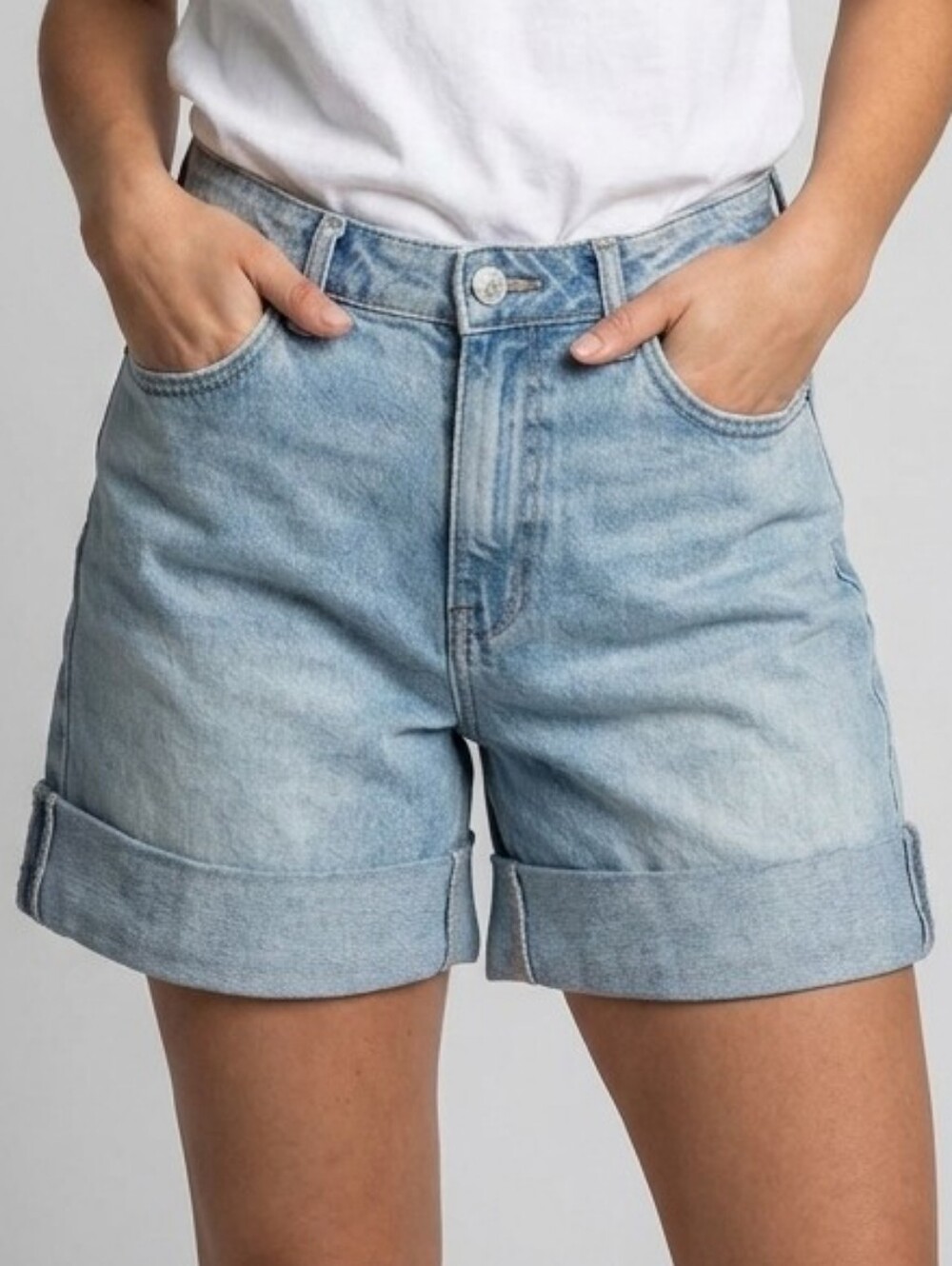 High-Rise Light Blue Rolled-Hem Denim Shorts - Women's